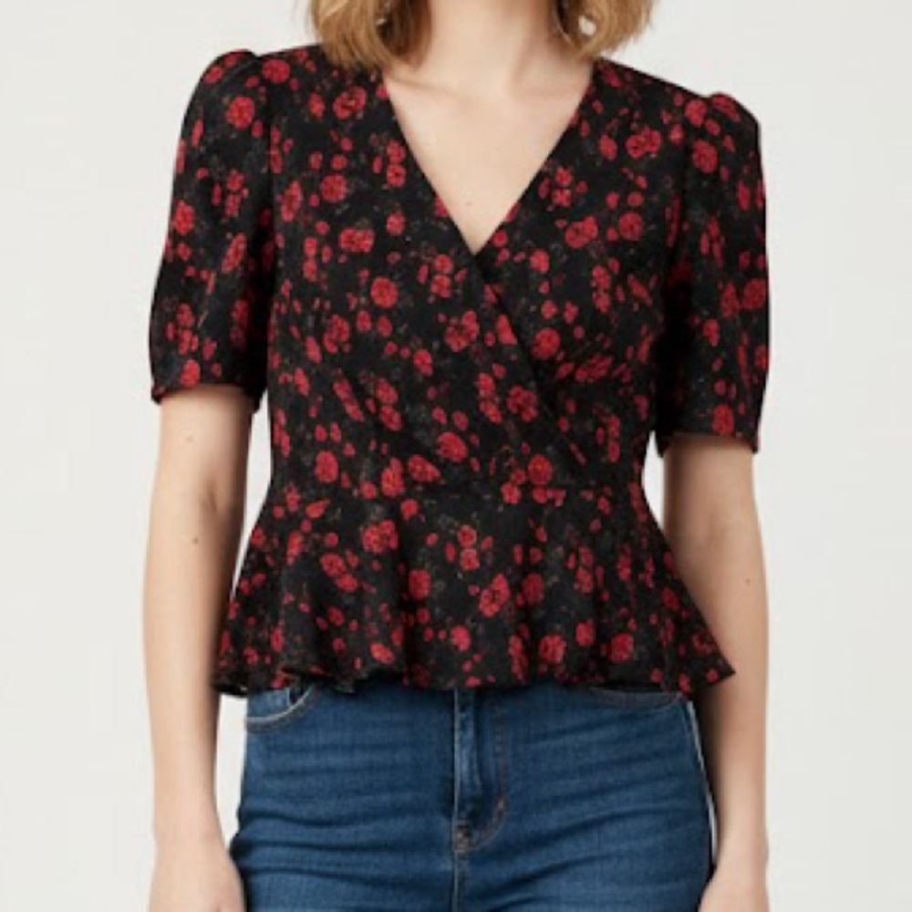 Anthropologie x Meadow Rue Brown Rose Floral Knit Peplum Top XS